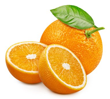 Turuncu beyaz arka planda izole edilmiş. Olgun taze Portakal Kırpma Yolu. Yapraklı turuncu