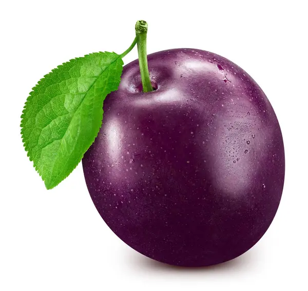 stock image Plum isolated on white background. Ripe fresh Plum Clipping Path. Plum with leaf