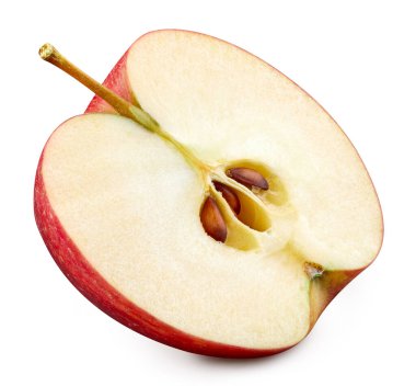 Olgunlaşmış elmanın yarısı beyaz arka planda izole edilmiş kırpma yolu ile. Apple Kırpma Yolu. Elmalı meyve makro stüdyo fotoğrafı
