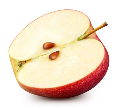 Olgunlaşmış elmanın yarısı beyaz arka planda izole edilmiş kırpma yolu ile. Apple Kırpma Yolu. Elmalı meyve makro stüdyo fotoğrafı