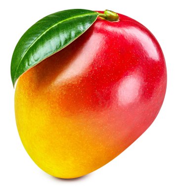 Beyaz arka planda yalıtılmış mango yapraklı mango meyvesi. Mango kırpma yolu. Profesyonel stüdyo makro çekimi