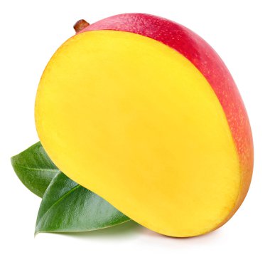 Mango yarısı yapraklı. Mango beyaz arka planda izole edilmiş. Mango makrosu