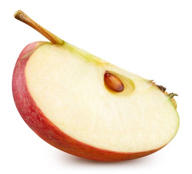 Taze organik kırmızı elma dilimi izole edilmiş kırpma yolu. Apple makro stüdyo fotoğrafı. İzole edilmiş elma..