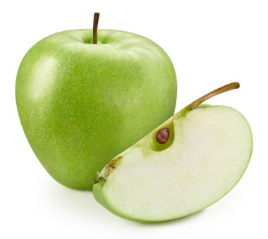 Olgun yeşil elma kesme yolu. Elma meyvesi kırpma yolu ile beyaz arka planda izole. Apple makro stüdyo fotoğrafı