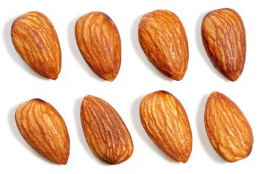 Badem koleksiyonu. Beyaz arka planda yalıtılmış badem meyveli fındık. Kesme yolu olan badem