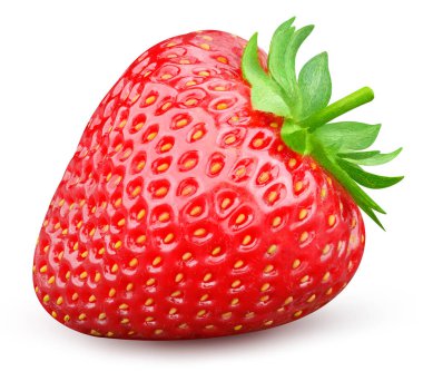 İzole edilmiş çilek. İzole edilmiş yaprakları olan taze organik çilek. Çilekli makro stüdyo fotoğrafı. Üst Düzey Erişim .