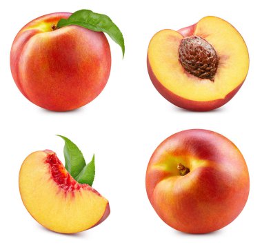 Şeftali. Beyaz arka planda taze organik şeftali. Şeftali koleksiyonu