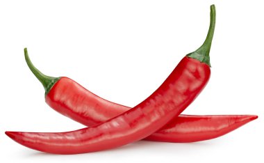 İki kırmızı biber. Beyaz arka planda izole edilmiş taze organik biber. Kırmızı kırmızı biberli makro