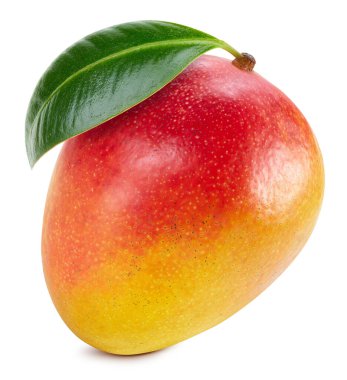 Mango Kırpma Yolu. Olgun mango meyvesi, yeşil yapraklı, beyaz arka planda, kırpma yolu ile izole edilmiş. Mango meyve seti makro stüdyo fotoğrafı