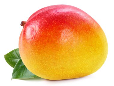 Yapraklı mango. Beyaz arka planda izole edilmiş taze organik mango. kırpma yolu ile mango