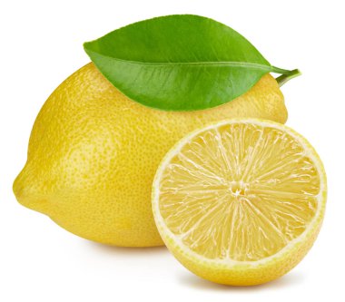 Limon meyvesi Beyaz arka planda yaprakları olan limon. Limon kırpma yolu.