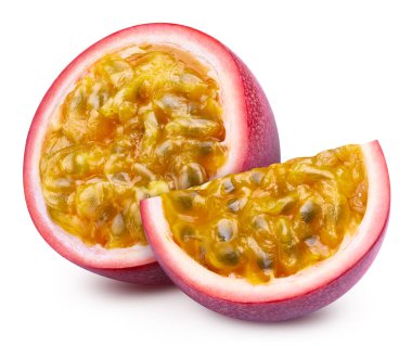 Tutku marakuya yolu. Beyazda izole edilmiş taze organik tutku. Tam alan derinliği