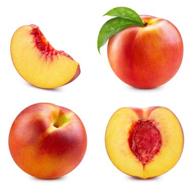 Şeftali koleksiyonu. Nektarin meyvesi ve yarısı beyaz arka planda yaprak izole edilmiş. Şeftali kırpma yolu