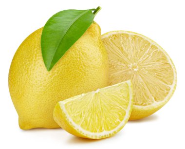 Lemon beyaz arka planda izole edilmiş. Limon yarı makro stüdyo fotoğrafı. Yapraklı limon. kırpma yolu ile