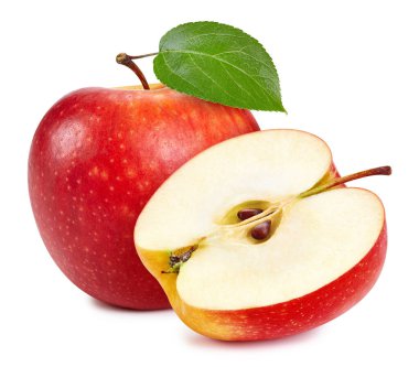 Taze kırmızı elma yaprağı beyaza izole edilmiş. Organik elma. Elma toplama yolu. Tam alan derinliği