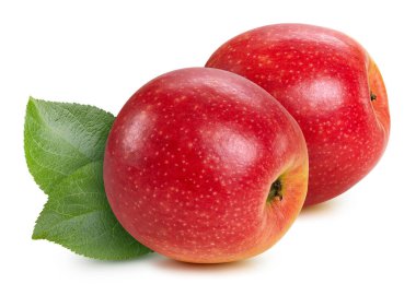 Kırmızı elmalar beyaz arka planda izole edilmiş. Olgun taze elmalar kırpma yolu. Yapraklı elma