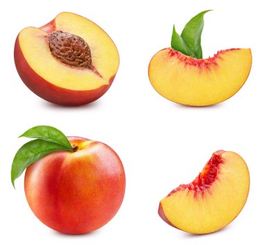 Şeftali koleksiyonu. Beyaz arka planda yeşil yapraklı şeftali meyveleri. Kırpma yolu olan şeftali