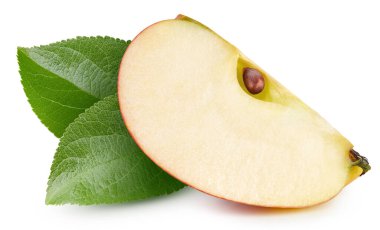 Taze kırmızı elma yaprağı beyaza izole edilmiş. Organik elma. Elma toplama yolu. Tam alan derinliği