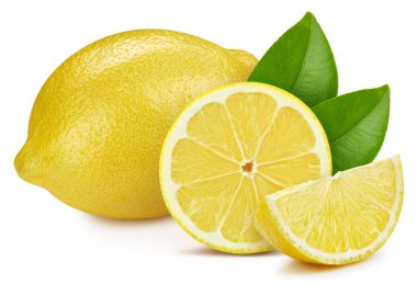 Lemon beyaz arka planda izole edilmiş. Limon yarı makro stüdyo fotoğrafı. Yapraklı limon. kırpma yolu ile