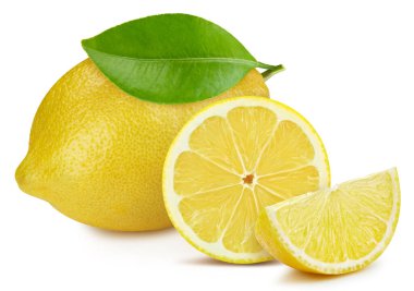 Lemon beyaz arka planda izole edilmiş. Limon yarı makro stüdyo fotoğrafı. Yapraklı limon. kırpma yolu ile