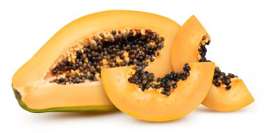 Papaya yarı izole edilmiş beyaz arka plan. Kırpma yolu olan Papaya. Papaya makro stüdyo fotoğrafı