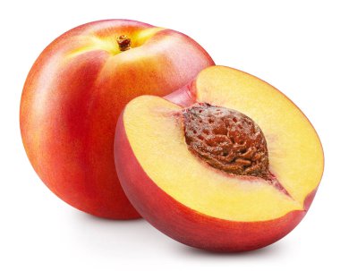 Şeftali. Beyaz arka planda izole edilmiş organik şeftali. Şeftali meyvesi kırpma yolu