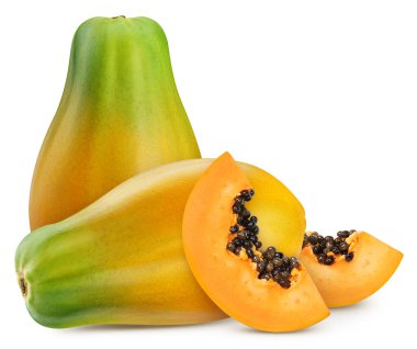 Papaya dilimleri. Papaya beyaz arka planda. Kırpma yolu olan Papaya. Tam alan derinliği