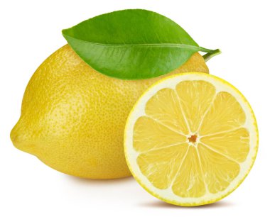 Lemon beyaz arka planda izole edilmiş. Limon yarı makro stüdyo fotoğrafı. Yapraklı limon. kırpma yolu ile