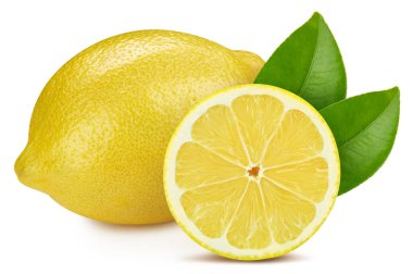 Lemon beyaz arka planda izole edilmiş. Limon yarı makro stüdyo fotoğrafı. Yapraklı limon. kırpma yolu ile