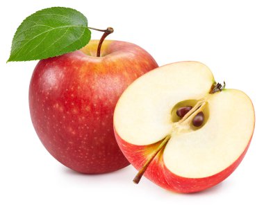 Taze kırmızı elma yaprağı beyaza izole edilmiş. Organik elma. Elma toplama yolu. Tam alan derinliği