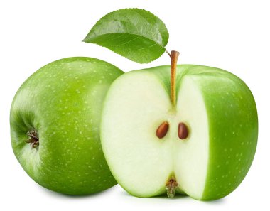 Taze yeşil elma yaprağı beyaza izole edilmiş. Organik elma. Elma toplama yolu. Tam alan derinliği