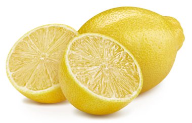 Beyaz arka planda taze limon izole edilmiş. Limon kesiyorum. Limonlu makro stüdyo fotoğrafı.