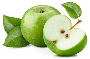Beyaz arka planda izole edilmiş yeşil elmalar. Olgun taze elmalar kırpma yolu. Yapraklı elma