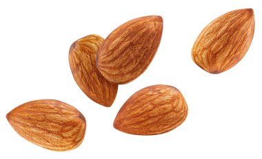 Uçan badem dilimi. Badem dolu makro fındık, beyaz izole edilmiş sağlıklı besin maddesi. Uçan badem kesme yolu.