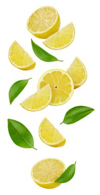 Olgun limon meyvesi, limon yarısı ve beyaz arka planda yeşil yaprak. Kesme yolu olan limon ve yaprak