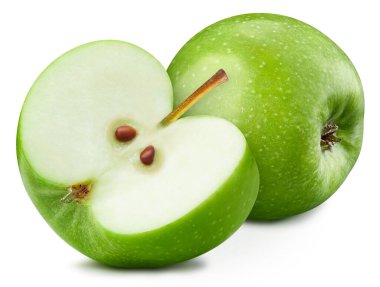 Elma meyvesi Beyaz arka planda yaprakları olan elma. Elma yeşili kırpma yolu.