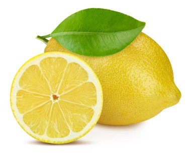 Lemon beyaz arka planda izole edilmiş. Yapraklı limon tadı. Kırpma yolu ile tam alan derinliği