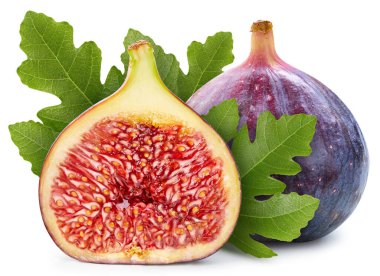 İncir beyaz arka planda izole edilmiş. Olgun taze incir kırpma yolu. Yapraklı incir