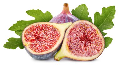 İncirli çilek. Beyaz arka planda yaprakları olan incir. İncir kırpma yolu.