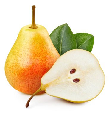 Sarı armut. Beyaz arka planda yaprakları olan taze organik armut. Kırpma yolu olan sarı armut