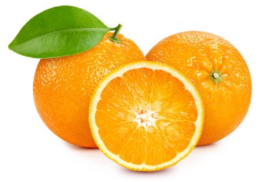 Yapraklı portakal meyvesi. Beyaz üzerine turuncu. Turuncu kırpma yolu.