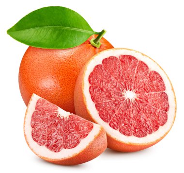 Beyaz arkaplanda greyfurt izole edilmiş. Yapraklı greyfurtun tadına bak. Kırpma yolu ile tam alan derinliği