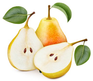 Taze sarı armutlar bir bütün ve beyaz arka planda yaprak ile ikiye bölünmüş. Sarı Armut Kırpma Yolu.