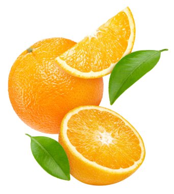 Yapraklı portakal meyvesi. Beyaz üzerine turuncu. Turuncu kırpma yolu.