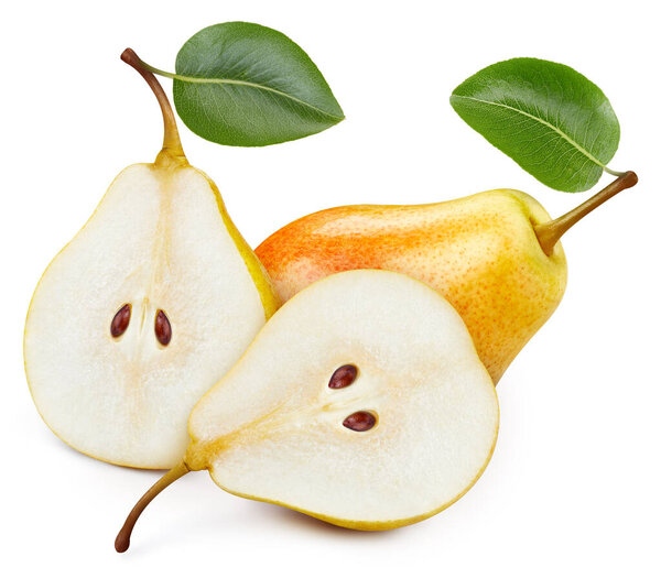 Желтый грушевый фрукт изолировать. Груша на белом. Тропа обрезки груш. Ретушь высокого класса