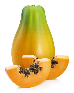 Papaya. Beyaz arka planda izole edilmiş taze papaya. Papaya yolu kırpılıyor. Papaya makro stüdyo fotoğrafı