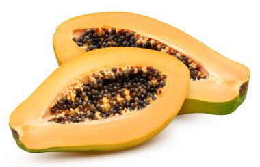 Papaya yarı izole edilmiş beyaz arka plan. Kırpma yolu olan Papaya. Papaya makro stüdyo fotoğrafı