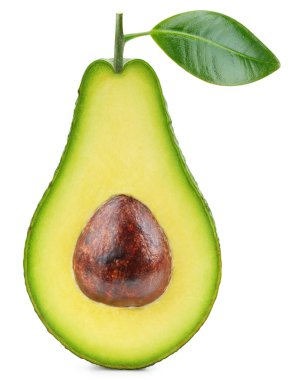 Beyaz arka planda izole edilmiş taze avokado. Yapraklı avokado. Avokado yolu kırpılıyor. Avokado makro stüdyo fotoğrafı