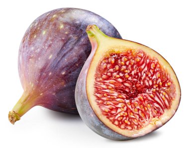 Beyaz arka planda olgun incir yarısı. İncir izole kırpma yolu. İncirli makro stüdyo fotoğrafı.