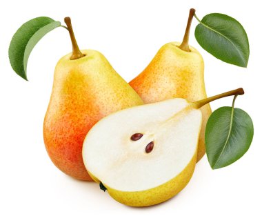 Sarı armut meyvesi izole edilmiş. Armut üstüne beyaz. Armut kırpma yolu. Üst Düzey Erişim